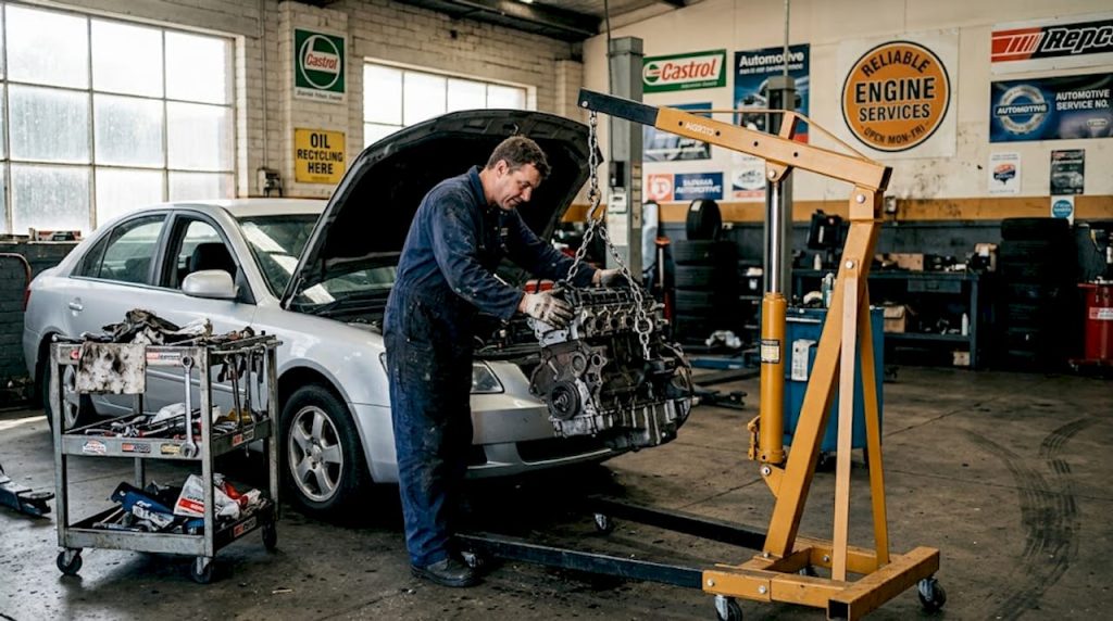 Mechanic replacing Hyundai engine in shop