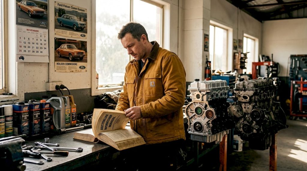 Mechanic comparing new, rebuilt, and used engines