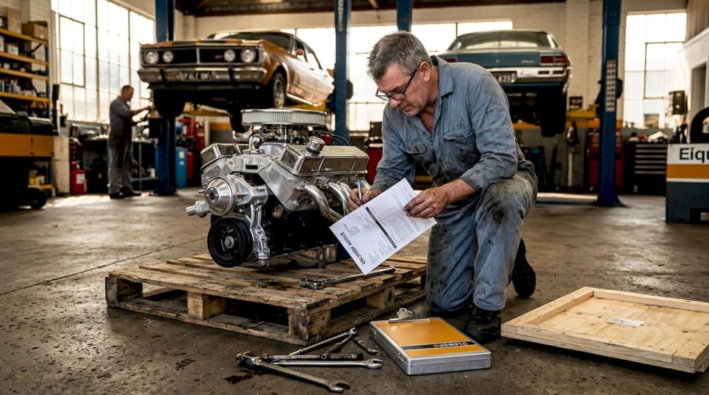 Mechanic inspecting new crate engine in garage