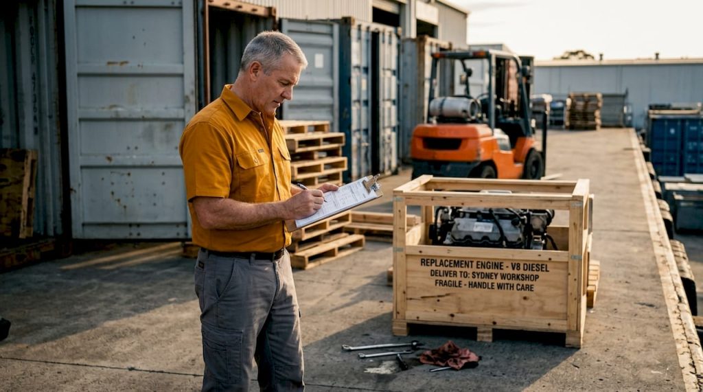 Workshop manager checks engine delivery paperwork