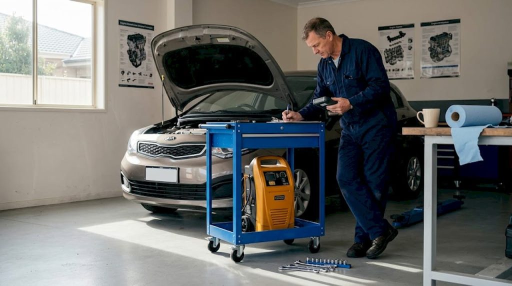 Mechanic inspecting Kia engine in auto shop