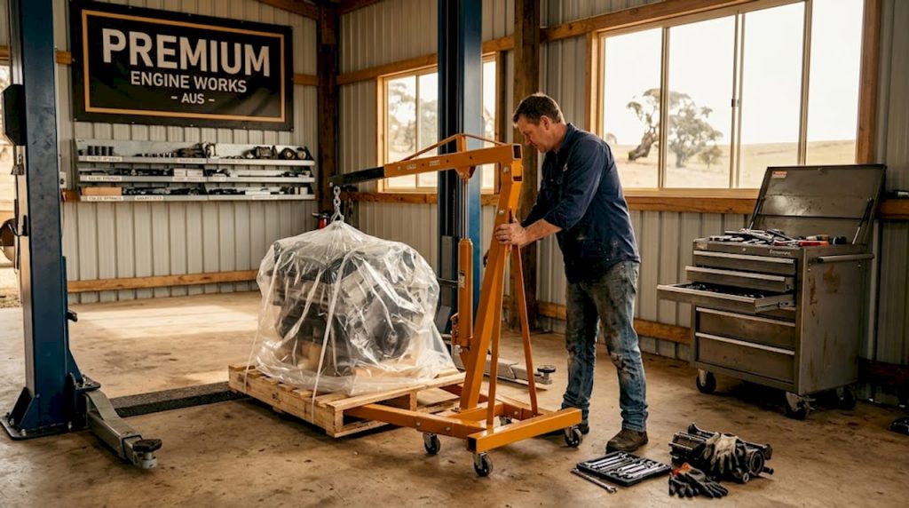Technician preparing to install crate engine
