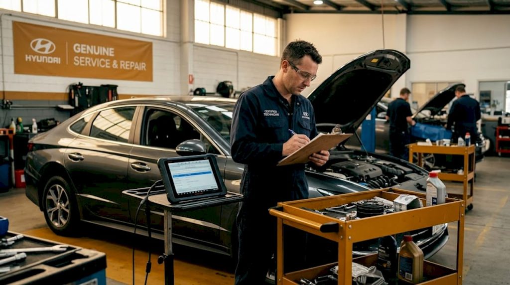 Technician inspecting certified Hyundai engine