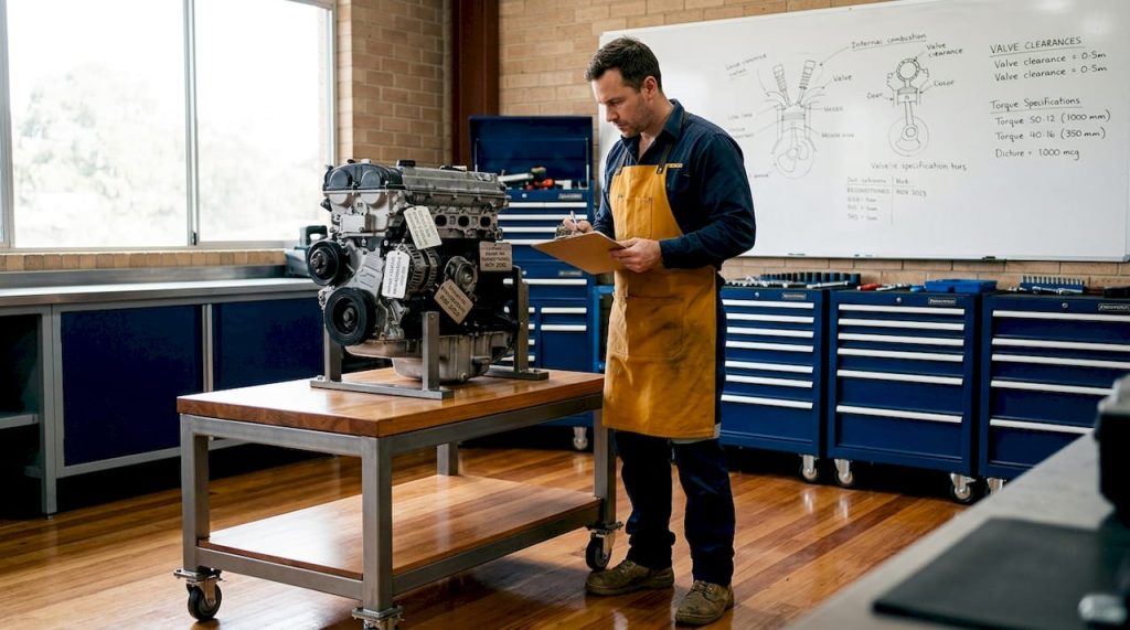 Technician inspects certified engine workbench