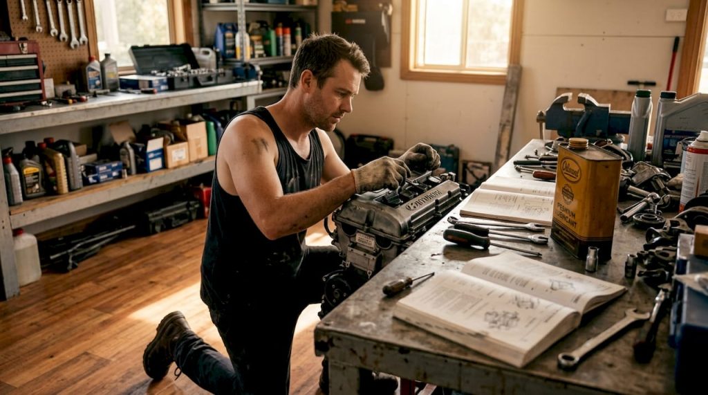 Mechanic examining Hyundai engine in garage