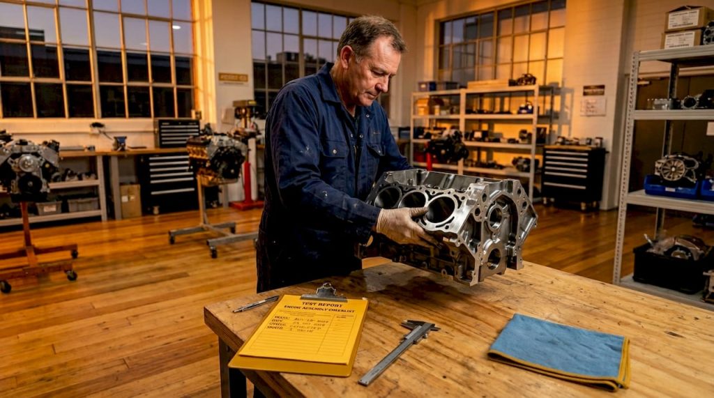 Technician reviews new engine on assembly line