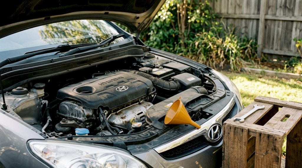 Close-up of Hyundai engine components under open hood