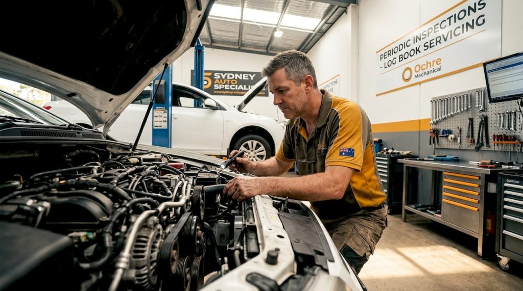 Mechanic inspecting car engine in workshop