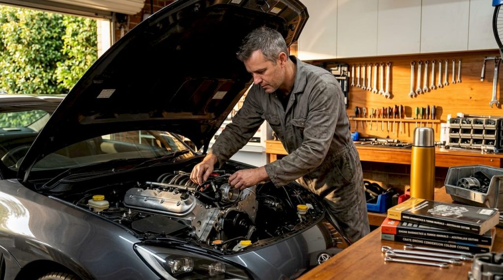 Mechanic working on crate engine installation in garage
