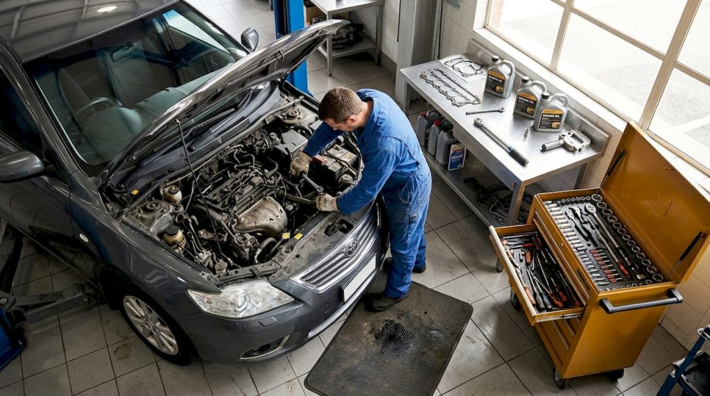 Mechanic working on car engine in garage