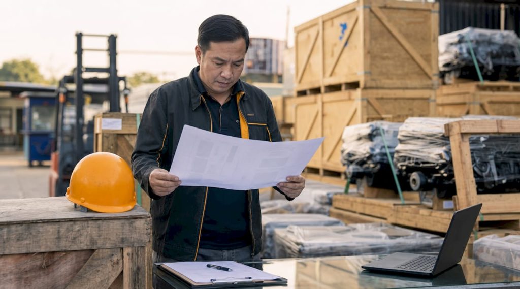 Manager reviewing crate engine packaging checklist