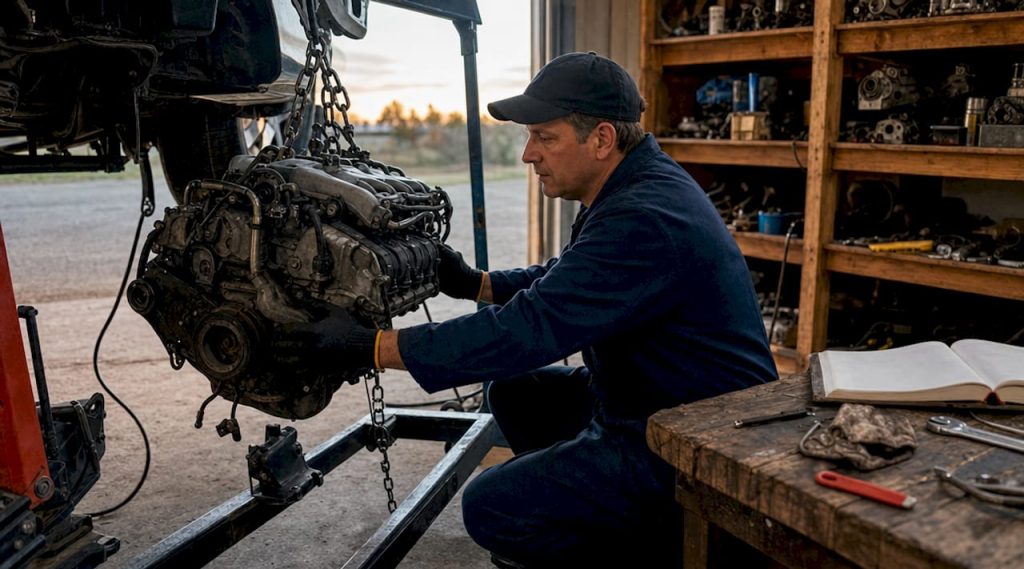Mechanic installing crate engine in garage