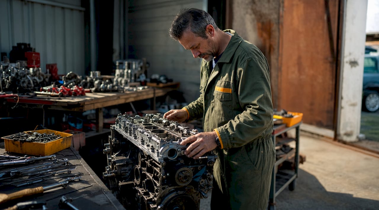 Mechanic inspecting car engine in workshop