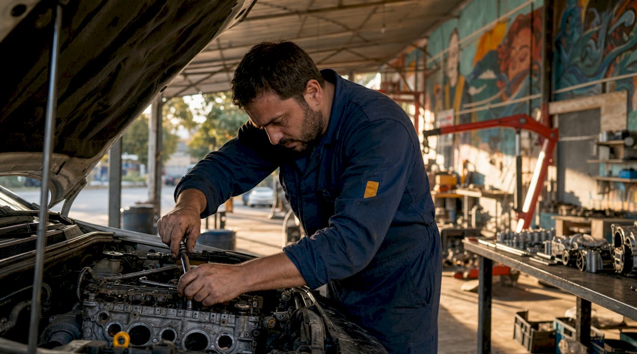 Mechanic performing Hyundai engine replacement in garage