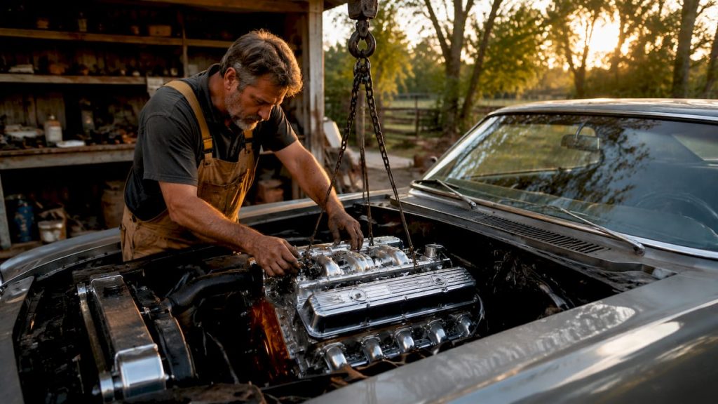 Mechanic installing crate engine in classic car