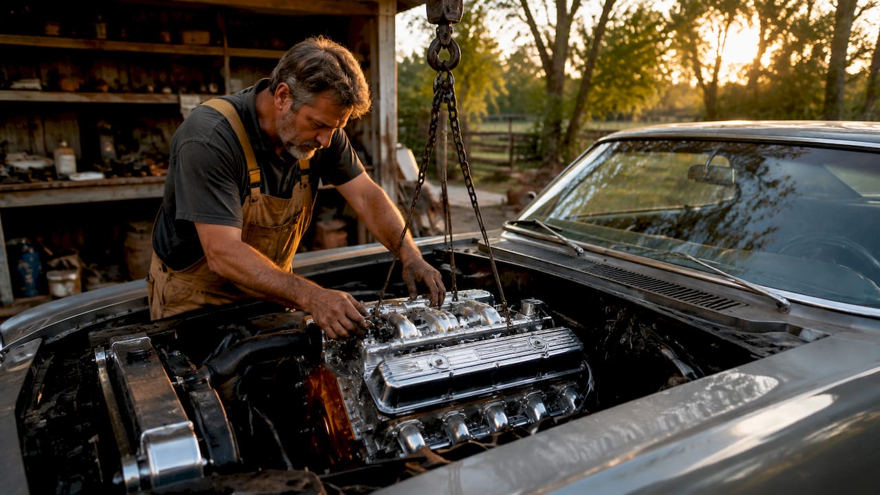 Mechanic installing crate engine in classic car