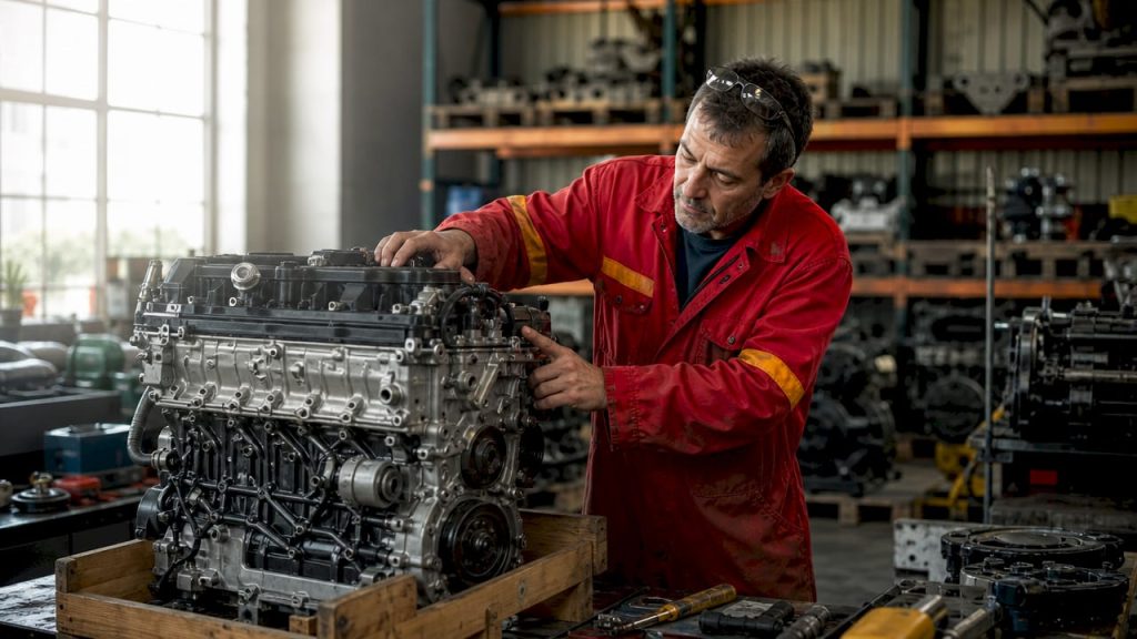 Technician inspecting assembled crate engine in factory