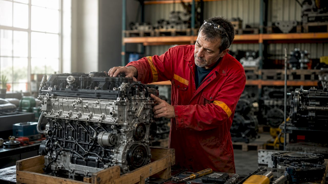 Technician inspecting assembled crate engine in factory