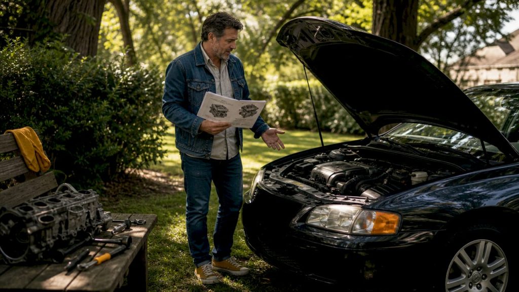 Vehicle owner reviewing engine replacement options