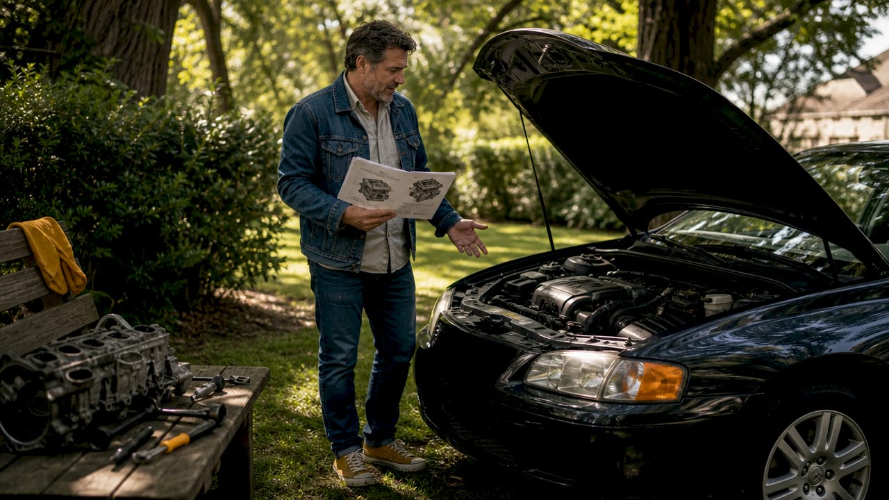 Vehicle owner reviewing engine replacement options