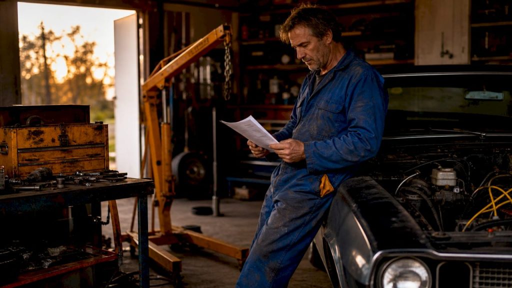 Mechanic reading crate engine checklist in garage