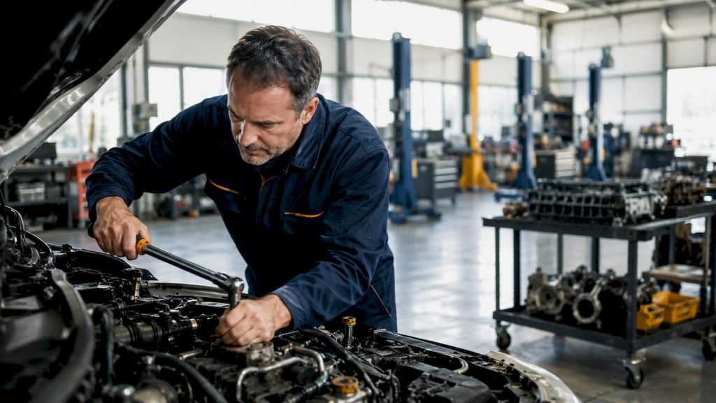 Mechanic working on engine replacement in garage