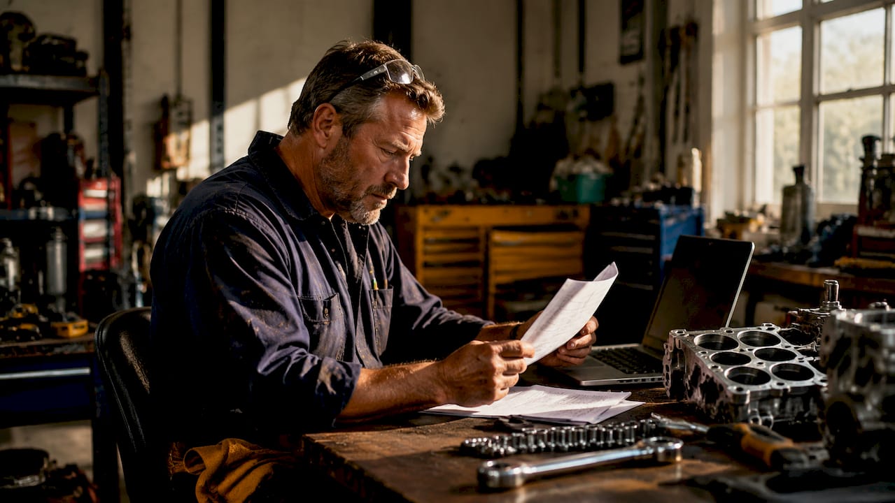 Mechanic reviewing engine fitment guarantee document