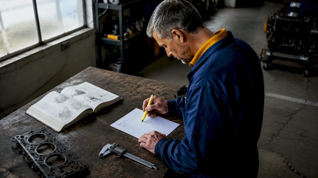 Technician reviewing engine replacement quote