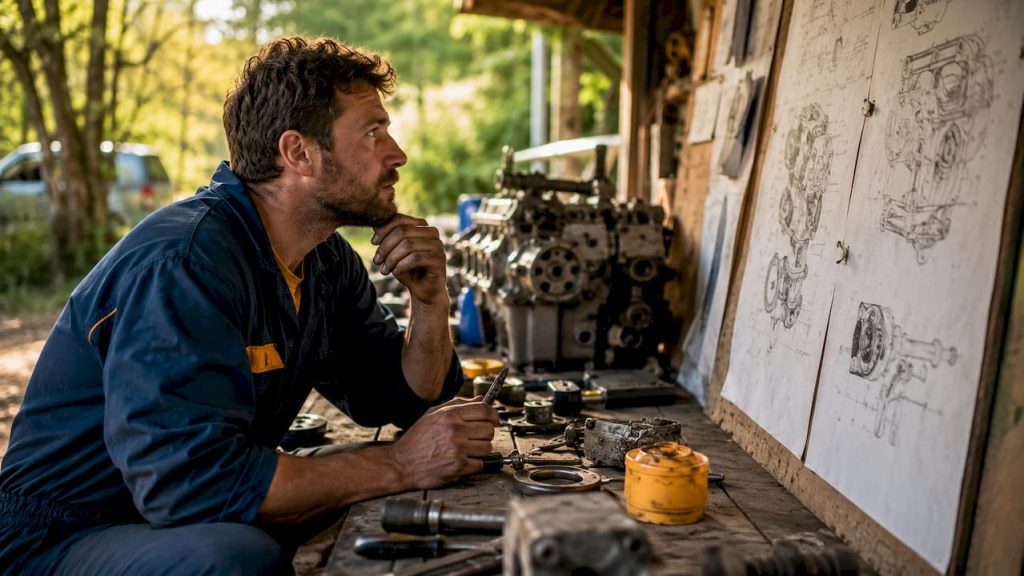 Technician reviewing engine fitment diagrams
