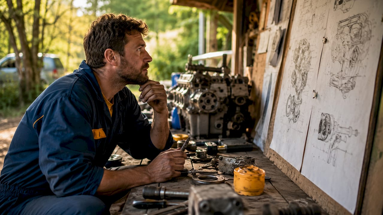 Technician reviewing engine fitment diagrams