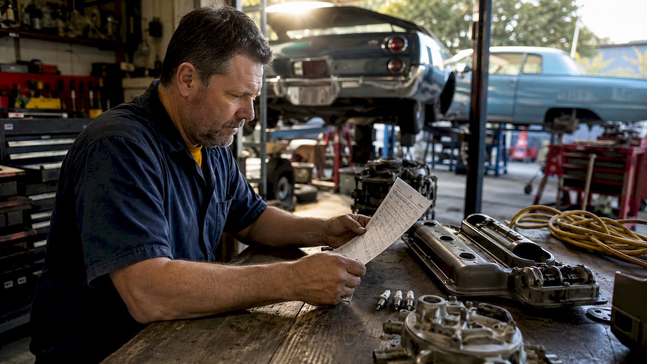 Mechanic reviewing engine repair checklist