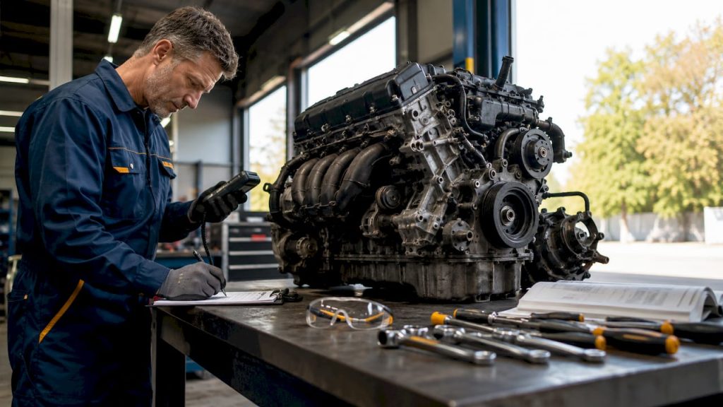 Technician inspecting pre-tested engine in workshop