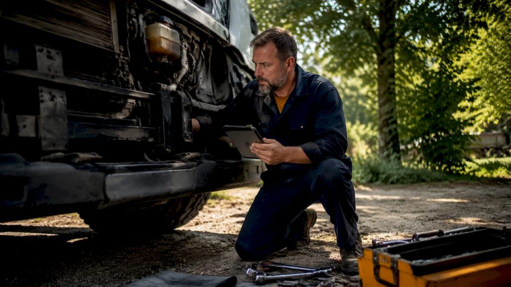 Mechanic inspecting truck engine in garage