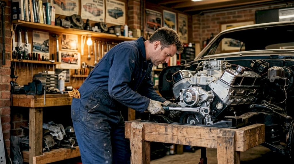 Mechanic inspecting performance crate engine in workshop