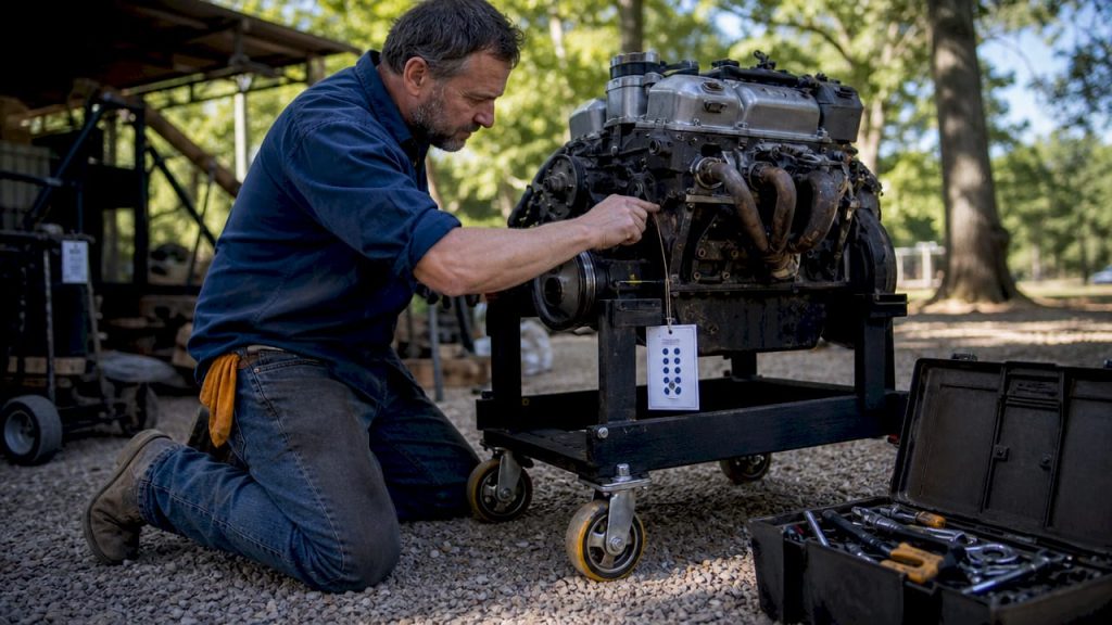 Mechanic inspecting crate engine on cradle