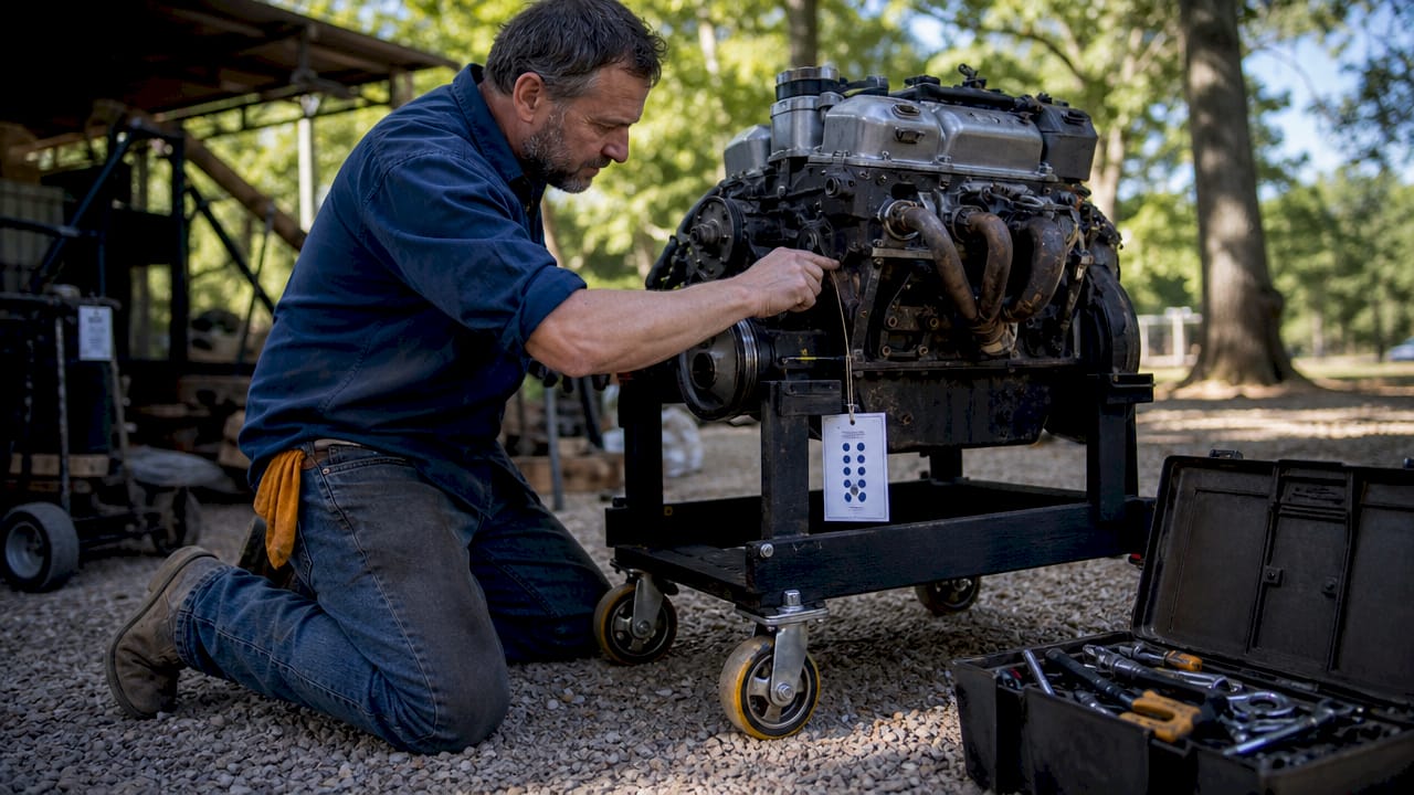 Mechanic inspecting crate engine on cradle