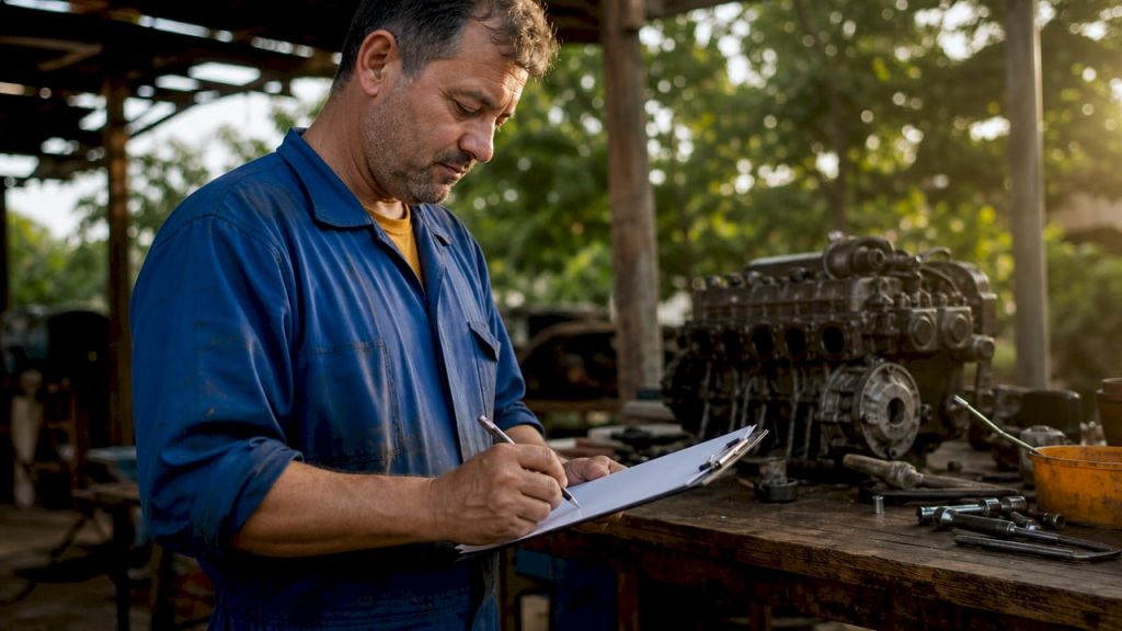 Mechanic reviewing engine warranty contract