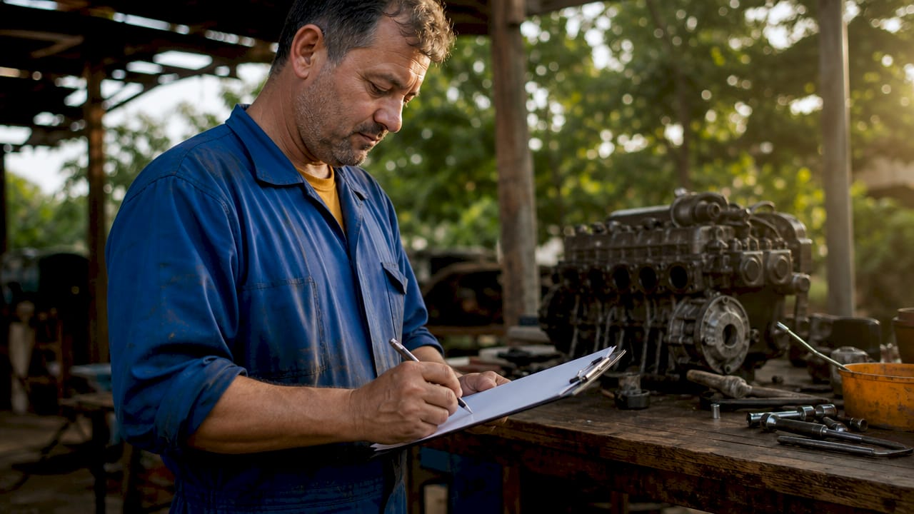 Mechanic reviewing engine warranty contract