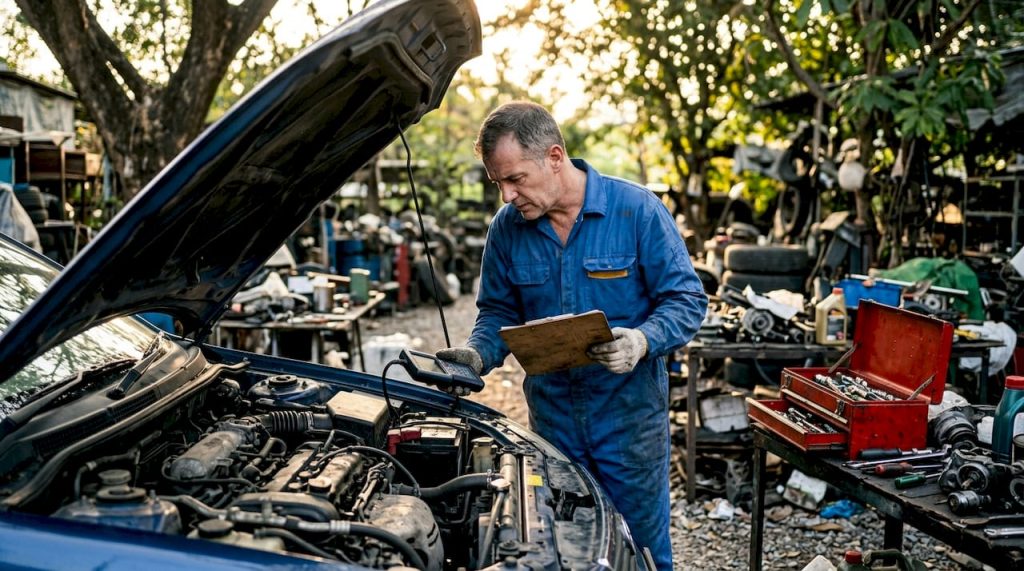 Mechanic performing engine swap diagnostics in garage